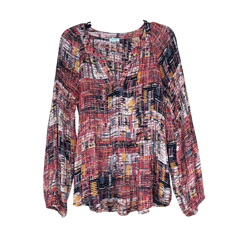 Spense Boho Babydoll Floaty Long Sleeve Top Geometric Whimsygoth Print Large